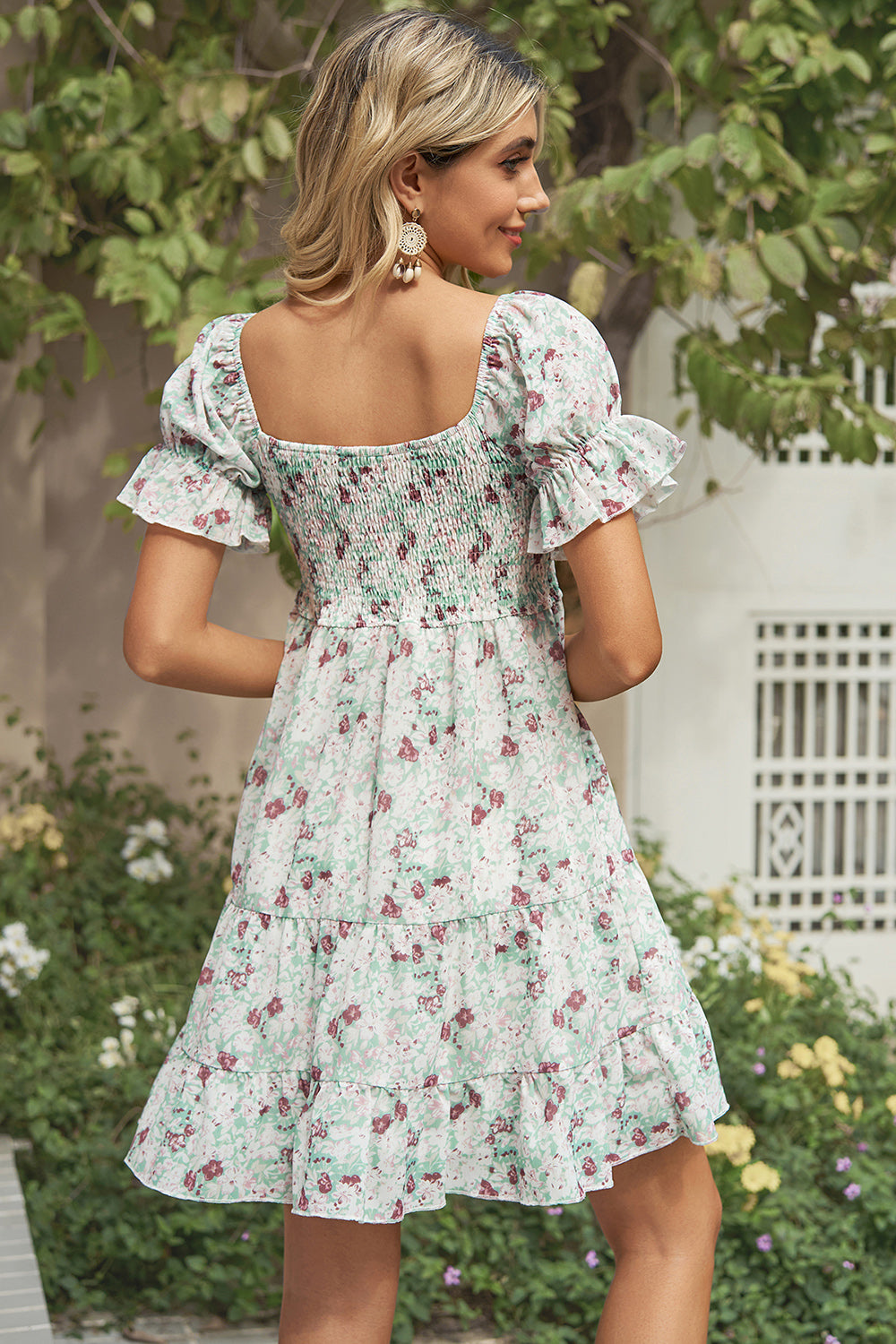 Smocked Printed Flounce Sleeve Mini Dress - Whimsical Appalachian Boutique