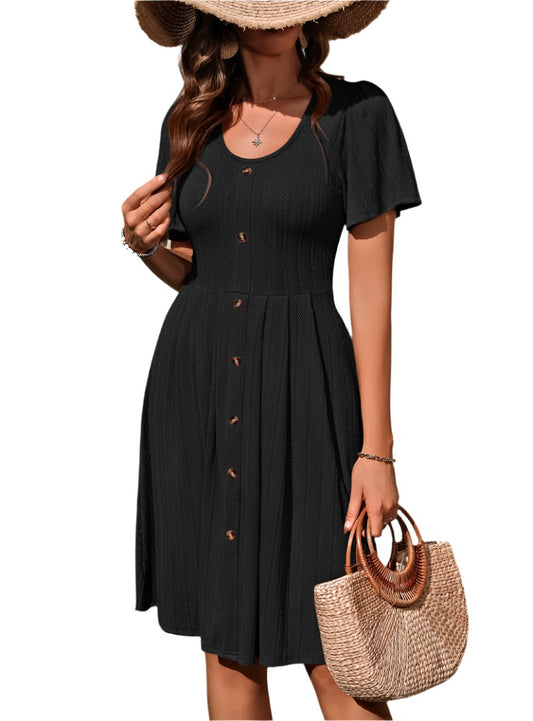 Decorative Button Scoop Neck Short Sleeve Dress - Whimsical Appalachian Boutique