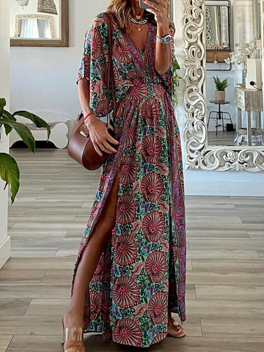 Women's V-Neck Loose Bohemian Print Maxi Dress - Whimsical Appalachian Boutique