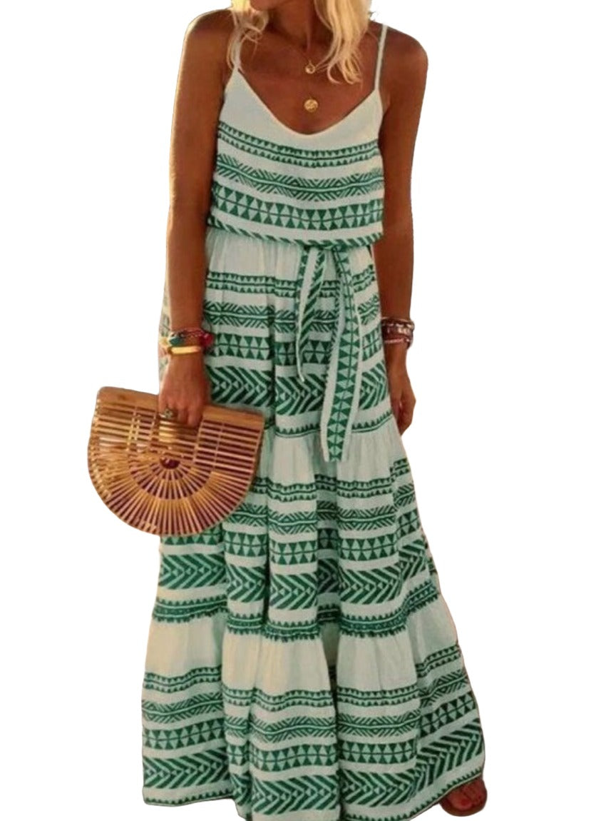 Bohemian Style Deep V-Neck Spaghetti Strap Dress