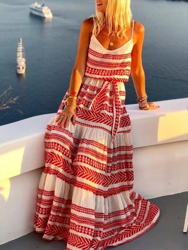 Bohemian Style Deep V-Neck Spaghetti Strap Dress