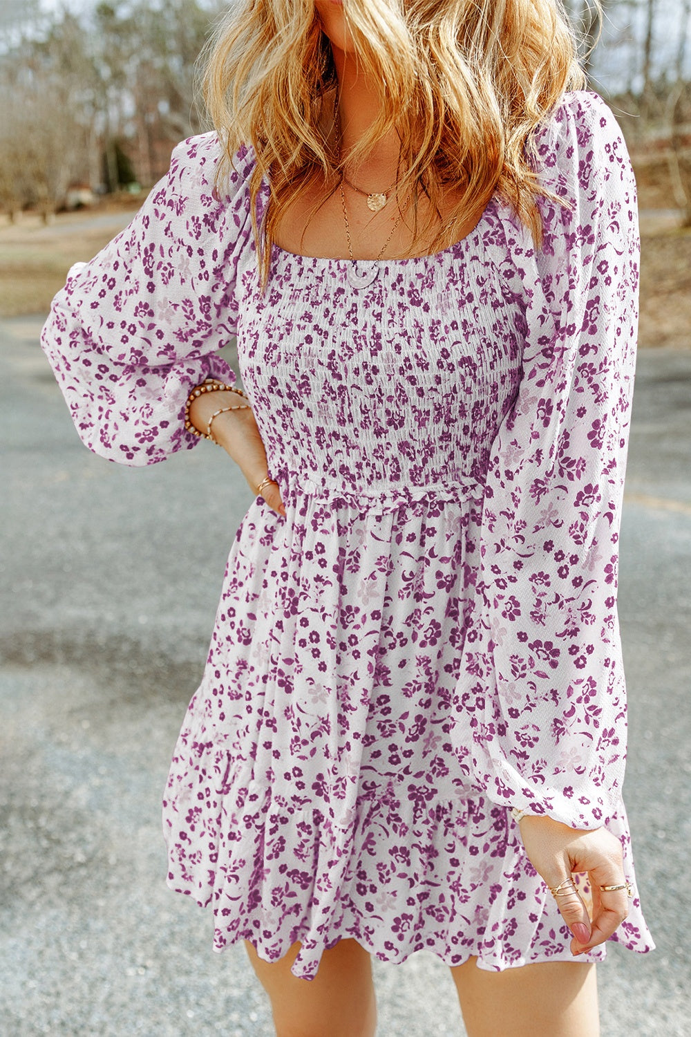 Smocked Floral Square Neck Balloon Sleeve Dress - Whimsical Appalachian Boutique