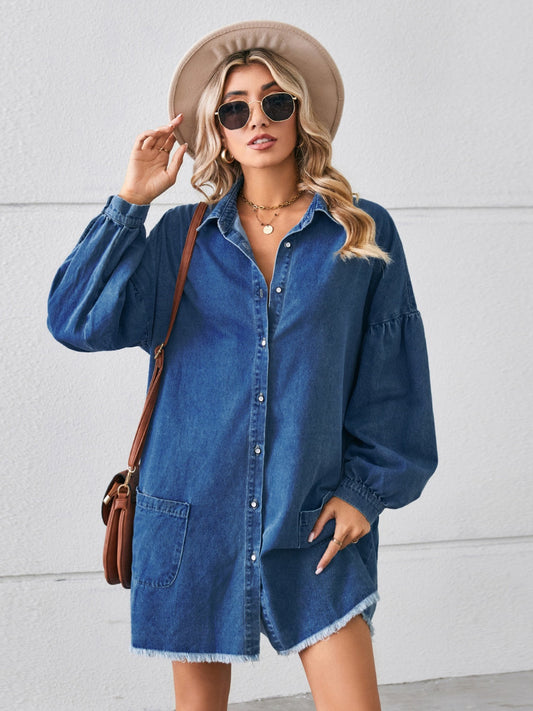 Button Up Pocketed Raw Hem Denim Dress - Whimsical Appalachian Boutique