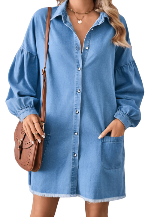 Button Up Pocketed Raw Hem Denim Dress