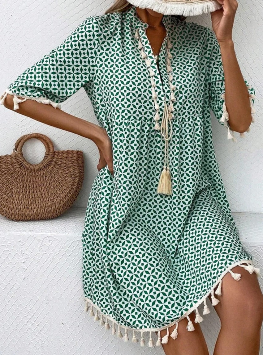 Tassel Printed Notched Half Sleeve Mini Dress - Whimsical Appalachian Boutique