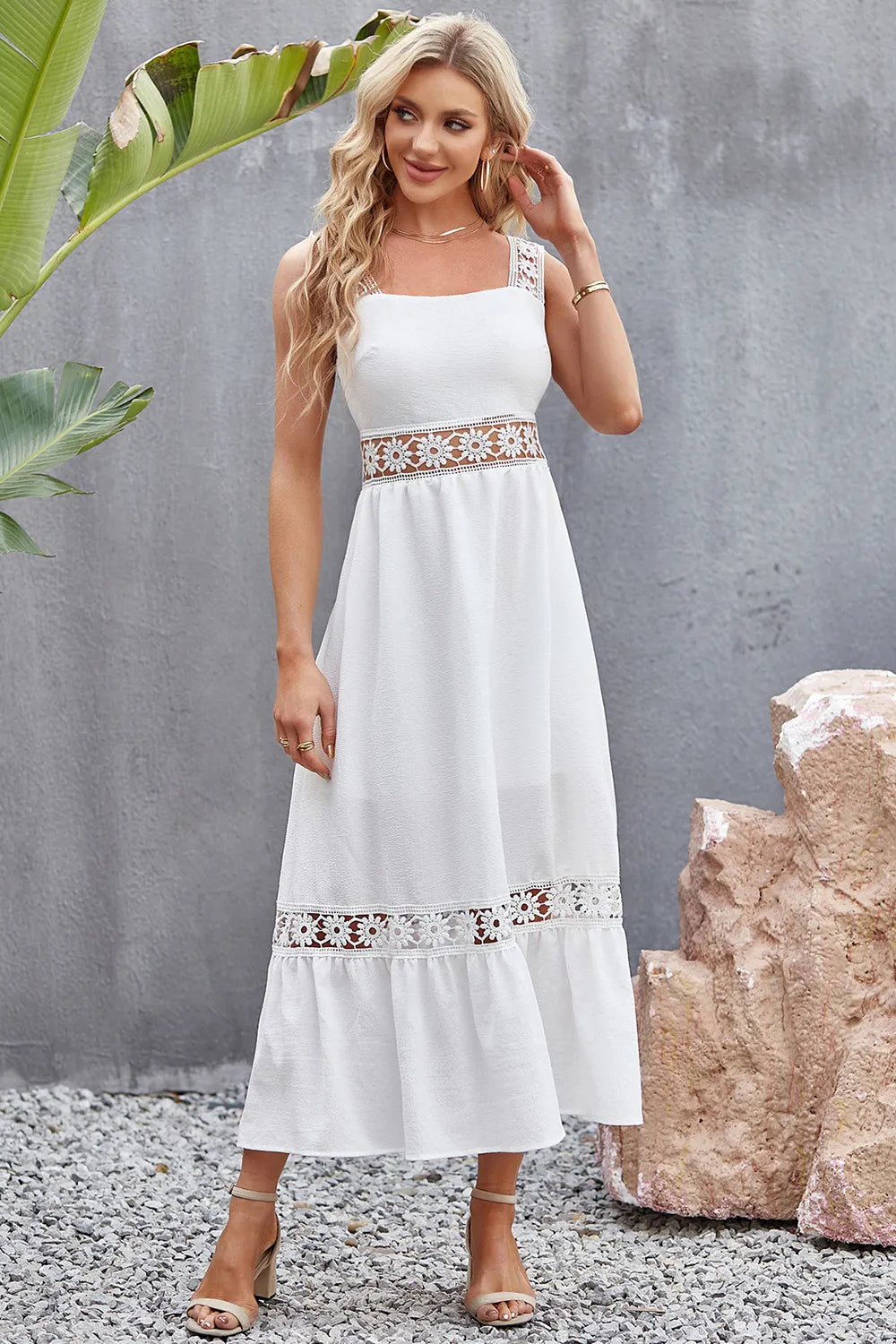 Flower Crochet Wide Strap Midi Dress - Whimsical Appalachian Boutique