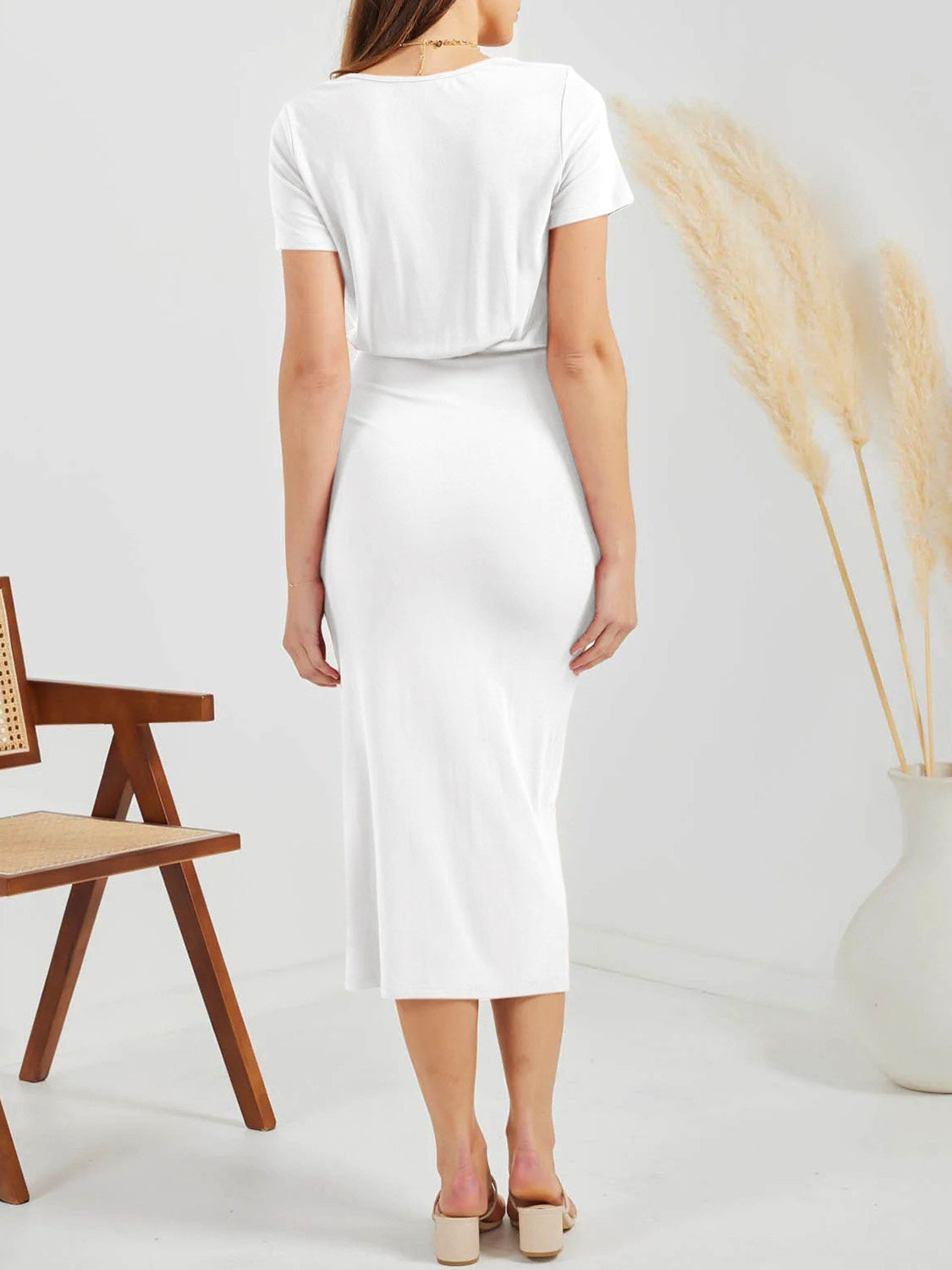 Ruched Slit V-Neck Short Sleeve Dress - Whimsical Appalachian Boutique