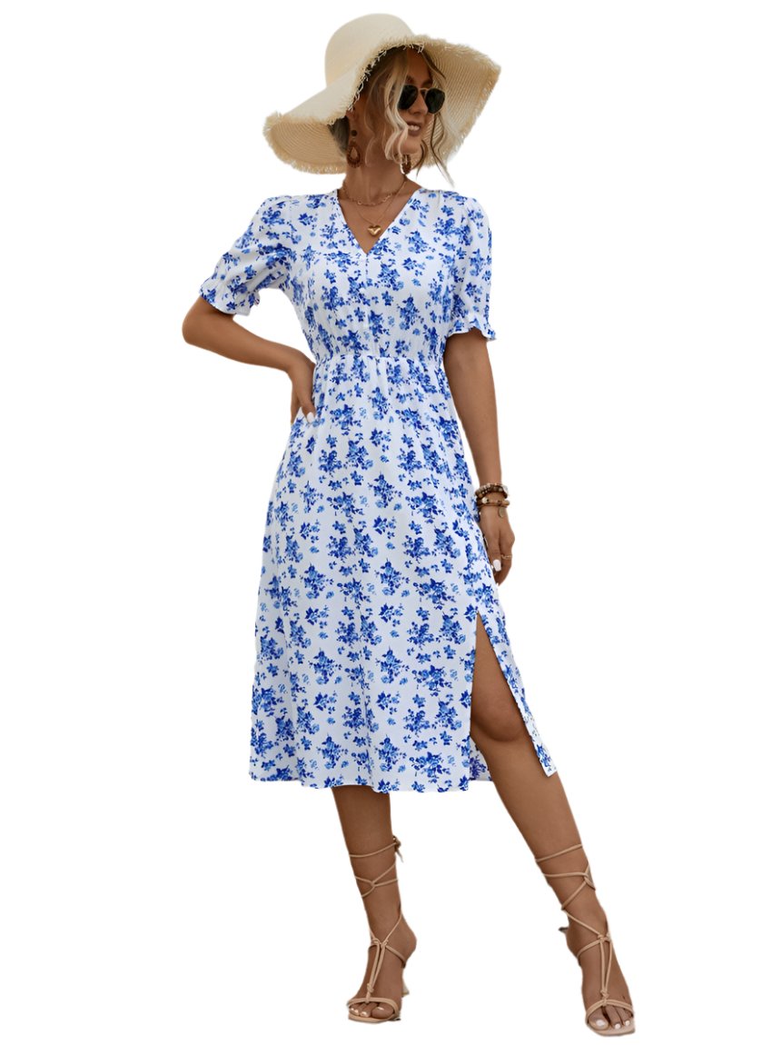 Slit Printed V-Neck Short Sleeve Dress - Whimsical Appalachian Boutique