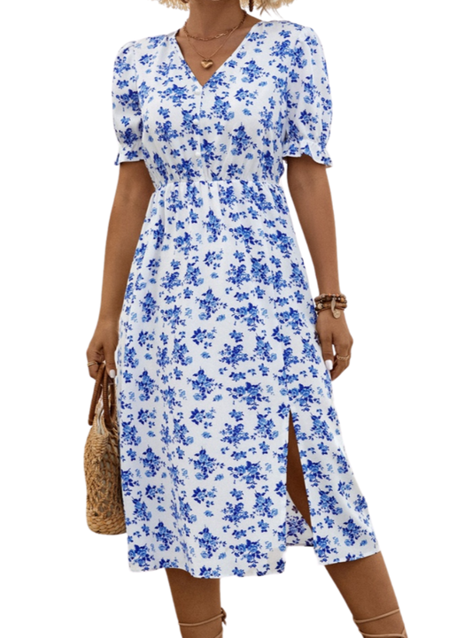 Slit Printed V-Neck Short Sleeve Dress - Whimsical Appalachian Boutique