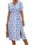 Slit Printed V-Neck Short Sleeve Dress - Whimsical Appalachian Boutique