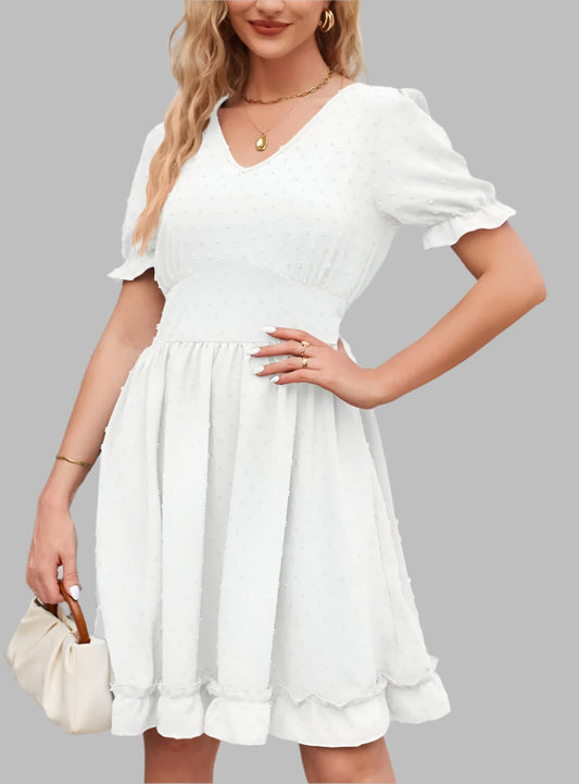 Swiss Dot Frill Trim V-Neck Dress - Whimsical Appalachian Boutique