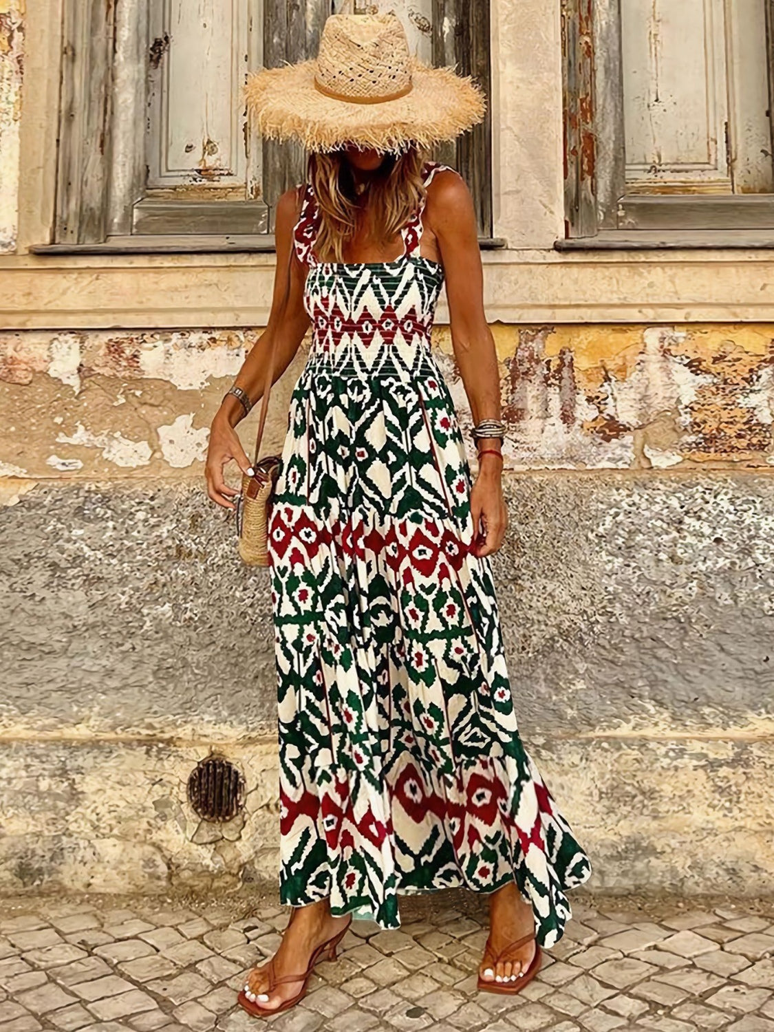 Boho Chic Printed Smocked Maxi Dress