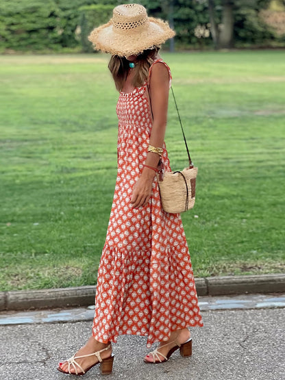 Boho Chic Printed Smocked Maxi Dress