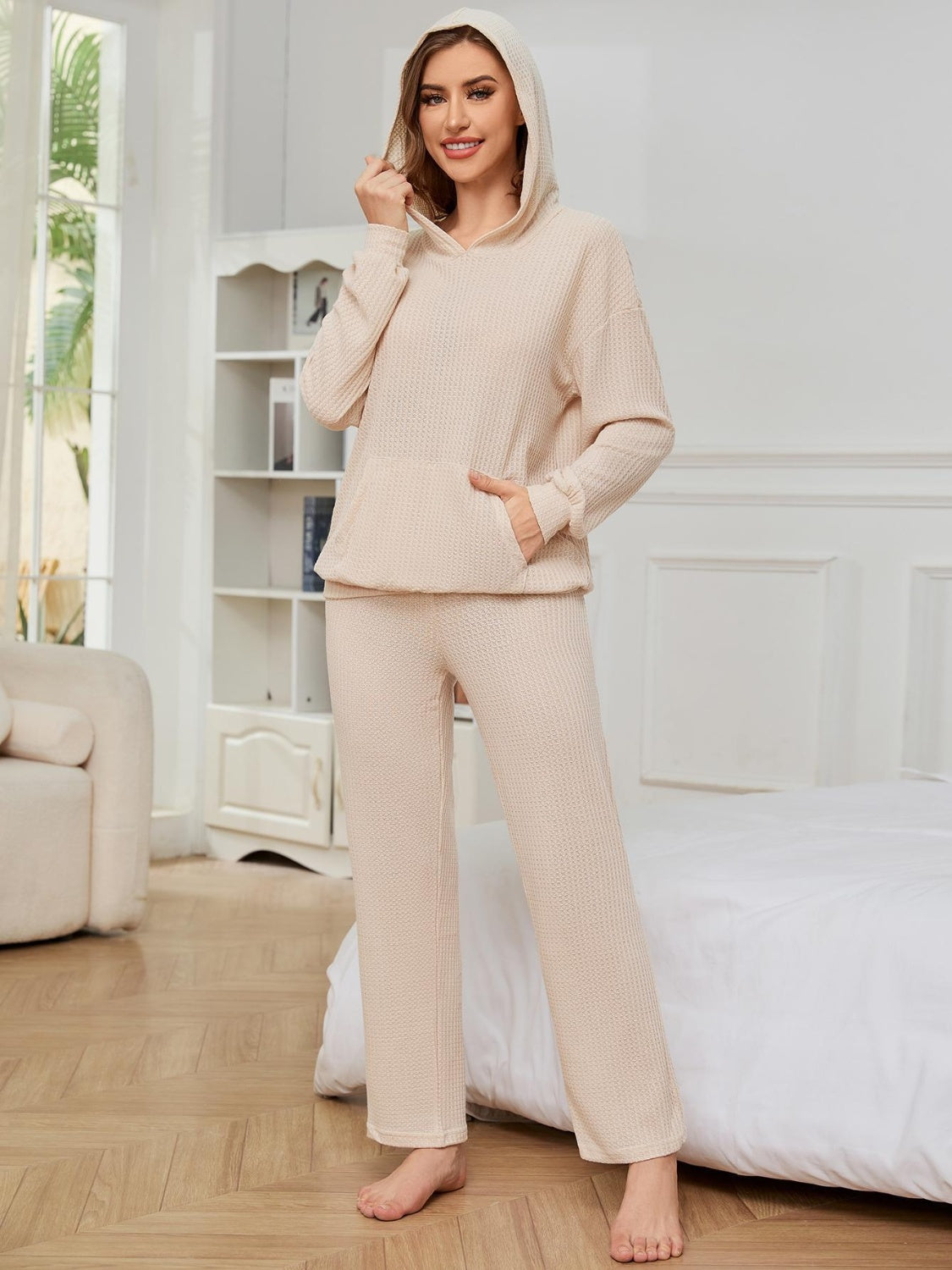 Beige dropped shoulder hoodie and pants set
