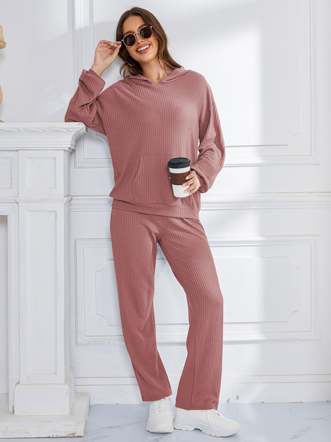 Pink dropped shoulder hoodie and pants set
