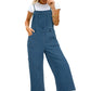 Front view of dusk blue cropped wide-leg denim overalls
