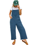 Front view of dusk blue cropped wide-leg denim overalls
