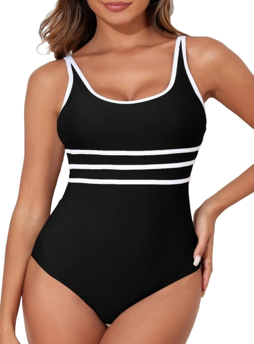 Chic black one-piece with white trim, offering a sleek, comfortable fit for all your summer swim adventures