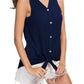 Detailed view of navy sleeveless top with button-down and front tie