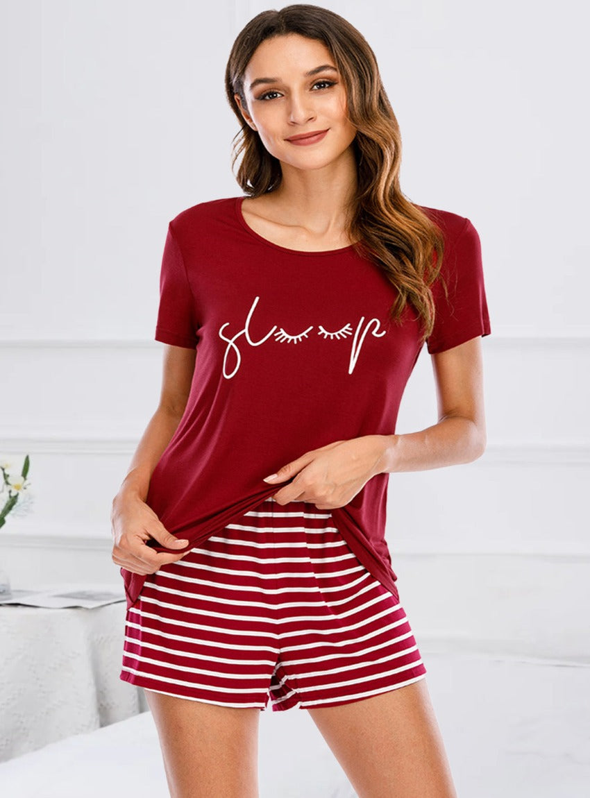 Cozy yet chic Graphic Top & Striped Shorts Set - perfect for stylish lounging. Available in black, red, navy with cute graphics