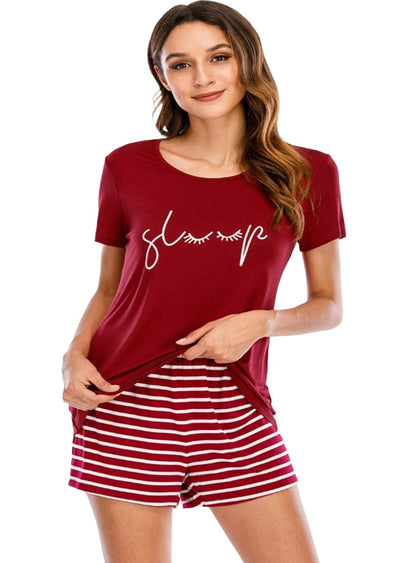 Cozy yet chic Graphic Top & Striped Shorts Set - perfect for stylish lounging. Available in black, red, navy with cute graphics