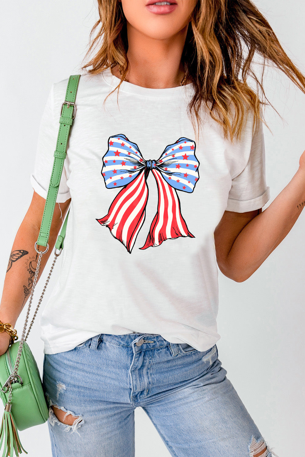 Get the White Stripes & Stars Bowknot T-Shirt for a patriotic touch to your casual style. Perfect for holidays and everyday wear!