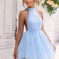 Dazzling halter neck dress with a backless design, available in white, blue, and pink. Perfect for any elegant occasion