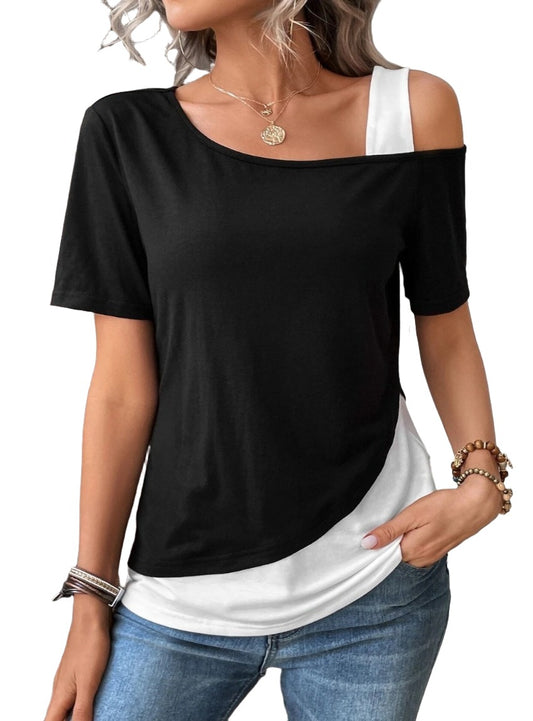 Black and white layered asymmetrical top with short sleeves.