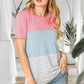 Short sleeve color block striped shirt with pink, blue, and gray sections
