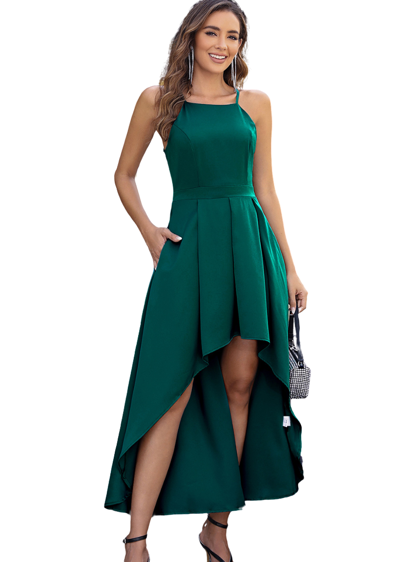 Dark Green Spaghetti Strap High-Low Formal Dress