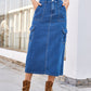 Comfortable denim midi skirt with elastic waistband.