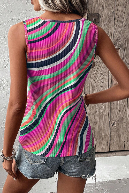 Bright and fun sleeveless top with a colorful swirl design.