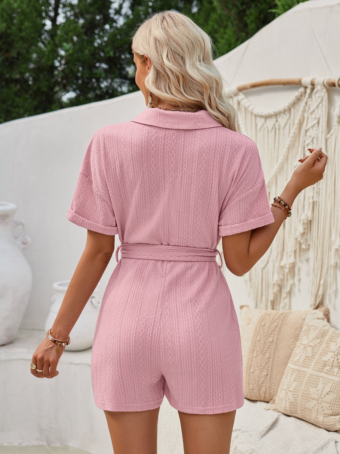 Stay cool & chic in our Short Sleeve Tie Waist Romper, perfect for any summer occasion. Flattering fit with a stylish design