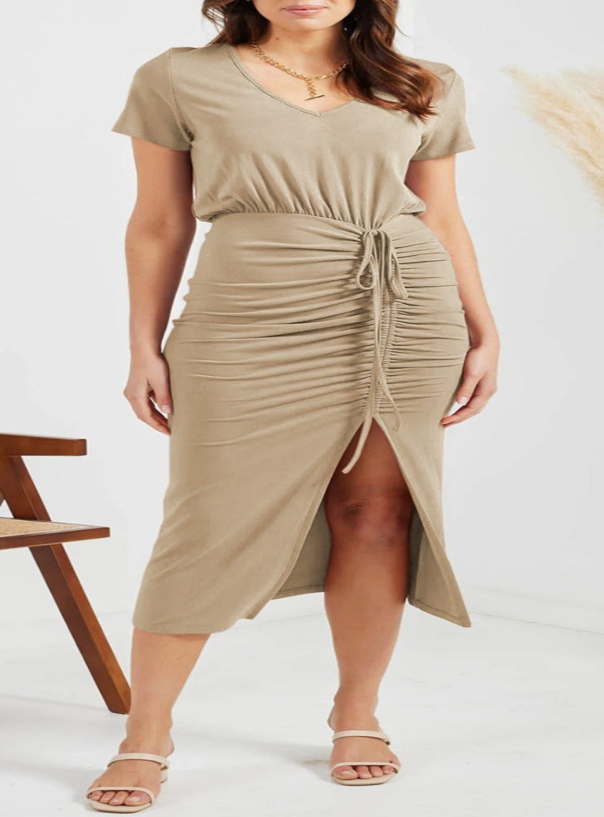 Discover the perfect blend of style & comfort with our Ruched Slit Dress in white, black, chestnut & khaki. Ideal for any occasion!