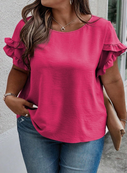 Stylish Plus Size Blouse with elegant ruffles and a comfortable fit, perfect for any occasion. Available in black, charcoal, and deep rose.