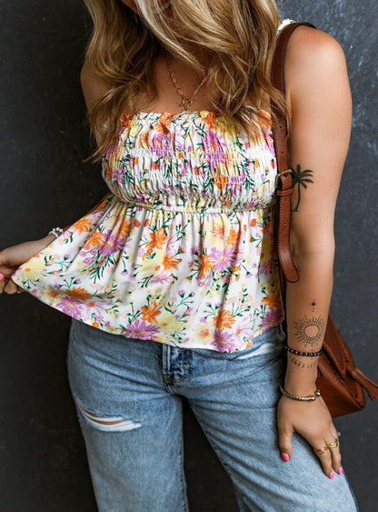 Floral Print Smocked Square Neck Cami