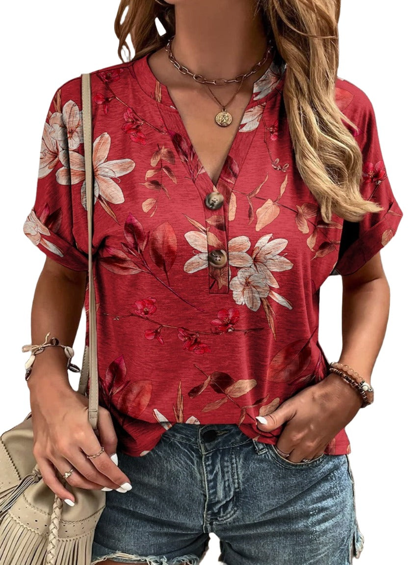 Chic red floral notched tee with a relaxed fit & boho charm, perfect for stylish comfort on sunny days