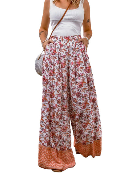 Vibrant floral palazzo pants with elastic waistband and charming hem details