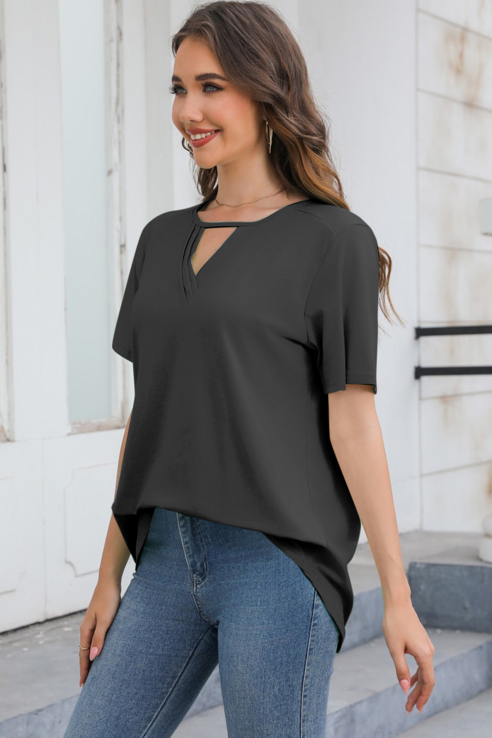 Stylish Cutout V-Neck Tee in vibrant colors, offering a relaxed fit for all-day comfort and versatile fashion. Perfect for any casual look.