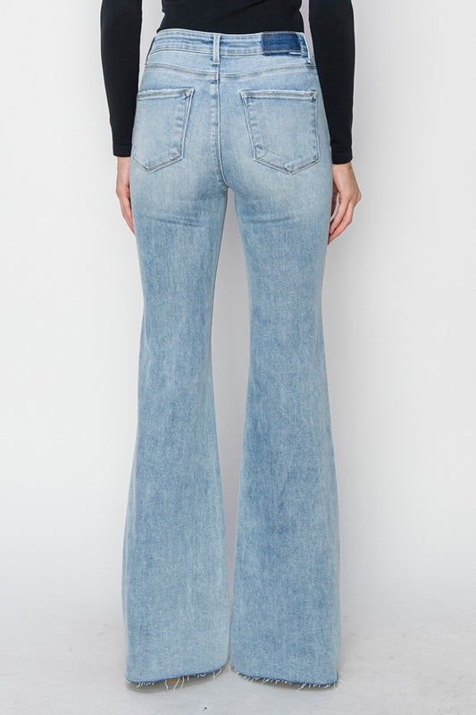 RISEN High Rise Raw Cut Hem Bootcut Light Denim Jeans