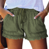 Shop the versatile Pocketed Frayed Denim Shorts in sky blue, green, or black. Perfect blend of style and comfort for your summer wardrobe