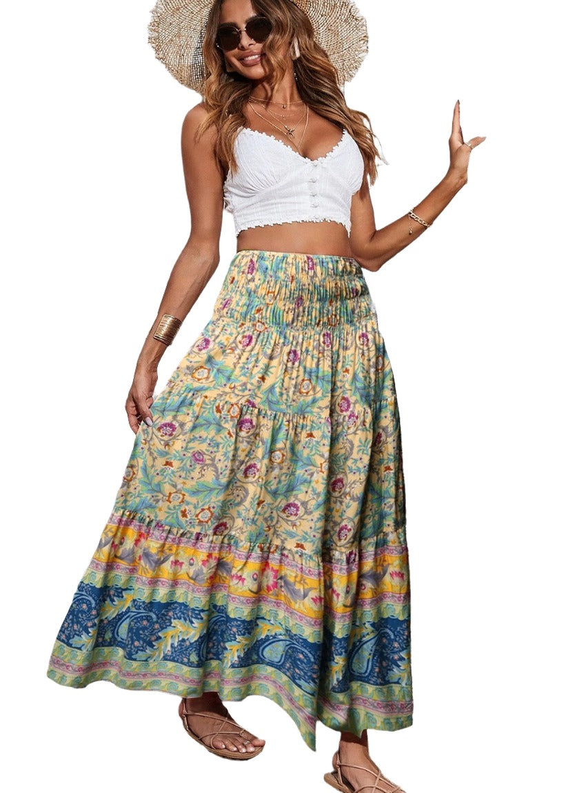 Bohemian style maxi skirt with detailed floral and colorful border designs
