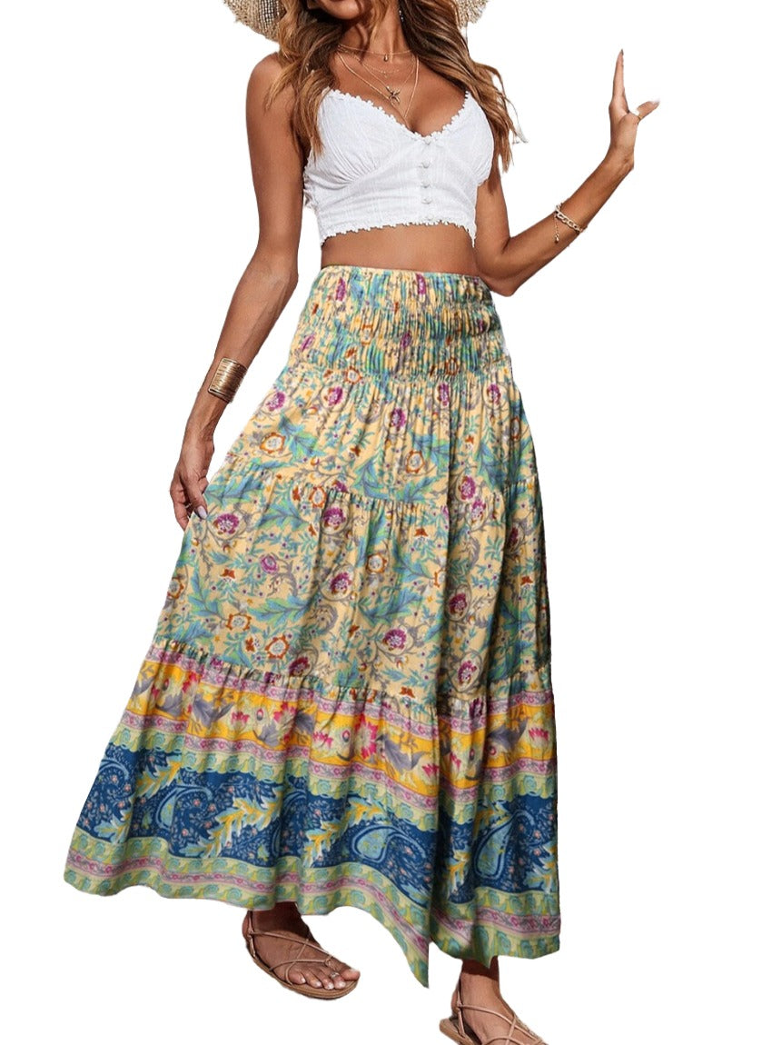 Bohemian style maxi skirt with detailed floral and colorful border designs
