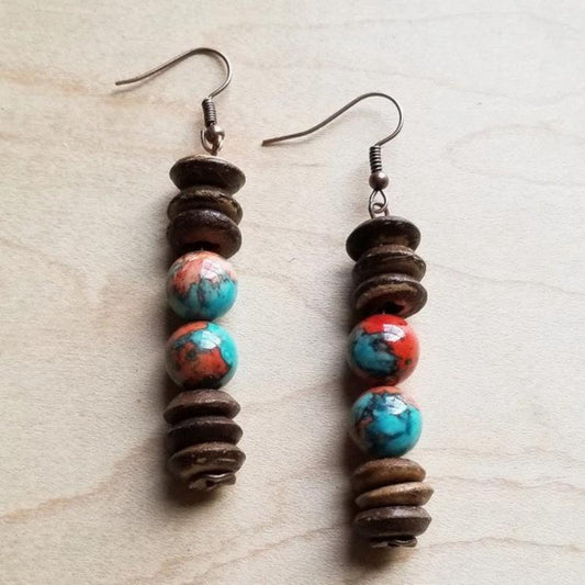 Multi-Colored Artisan Turquoise & Wood Earrings - Whimsical Appalachian Boutique