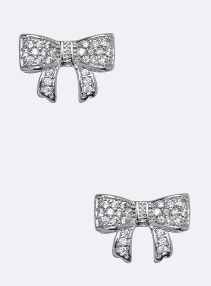 Sparkling Cubic Zirconia Bow Stud Earrings - Rhodium Finish