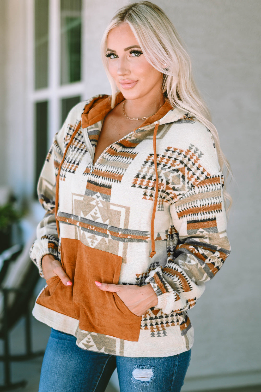 Southwestern print hoodie with a cozy suede pocket and hood
