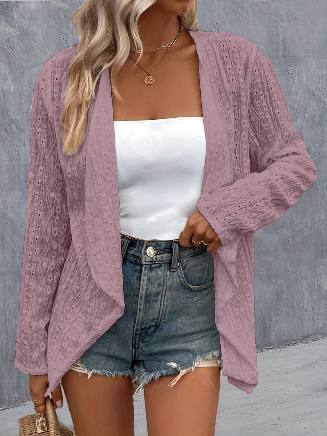 Soft and breathable pink open-front cardigan.