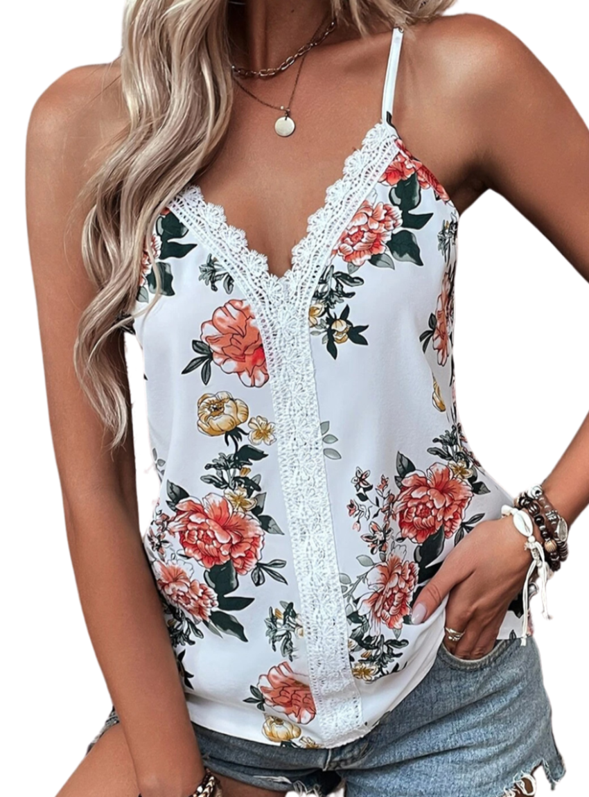 Chic Lace V-Neck Cami with a floral print, perfect for any occasion. Adjustable straps for a custom fit. Versatile and stylish