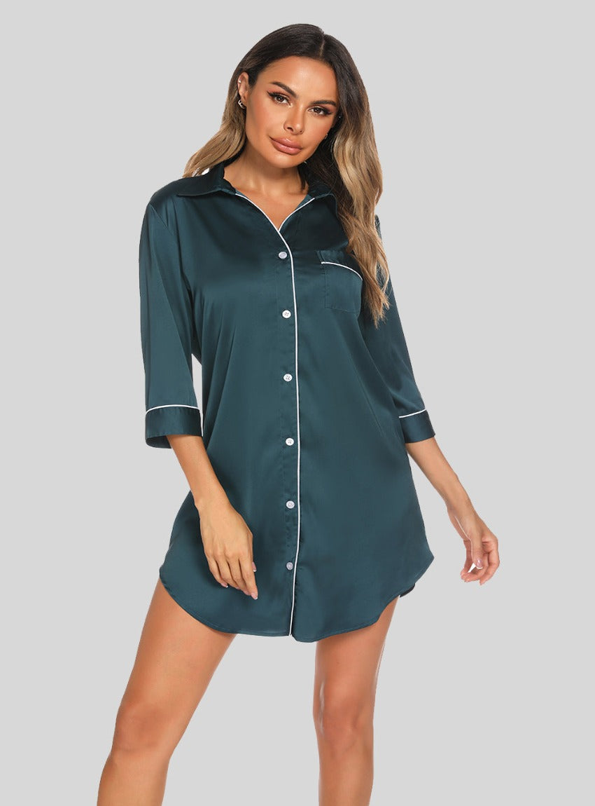 Indulge in luxe comfort with our teal Button Up Collared Night Dress, complete with a chic collar, handy pocket, and breathable fabric.