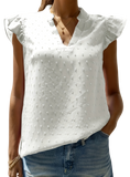 Elegant Swiss Dot Blouse with ruffled cap sleeves and a notched neckline, perfect for versatile styling. Available in white, black, blue, and pink.
